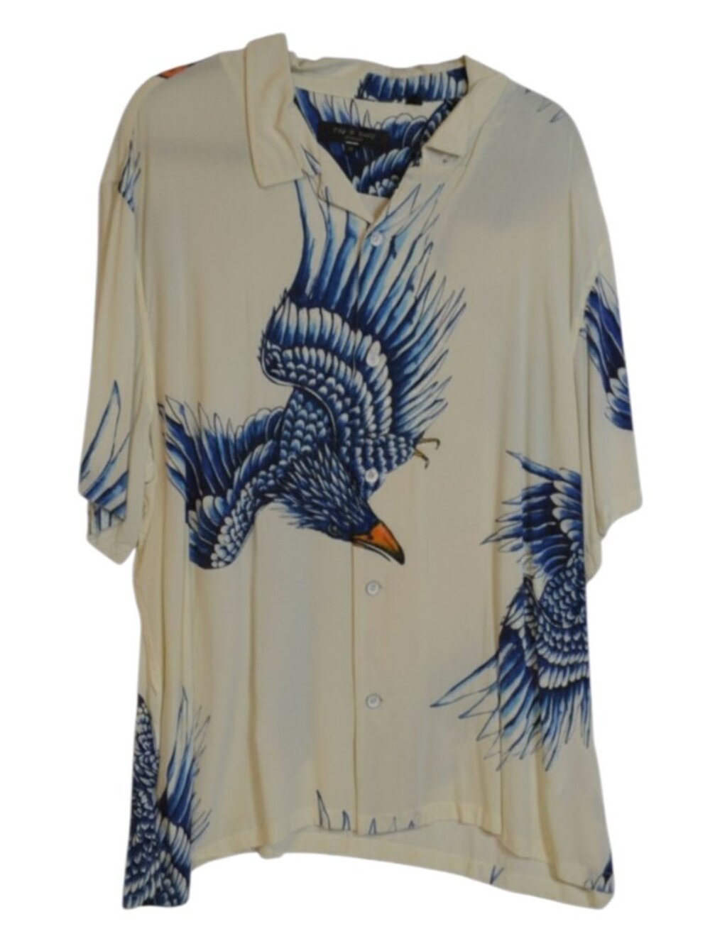 Rag & Bone Mens XXL 100% Viscose Bird Print Camp Shirt Ivory Blue Button Up
